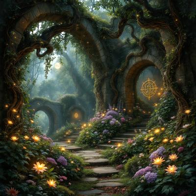 The primary subject of the image is a beautifully lit pathway surrounded by lush greenery and flowers. The setting is a forest with a stone path, and the visual style is a digital art illustration. The colors and mood of the image are vibrant and serene, creating a sense of wonder and tranquility.
